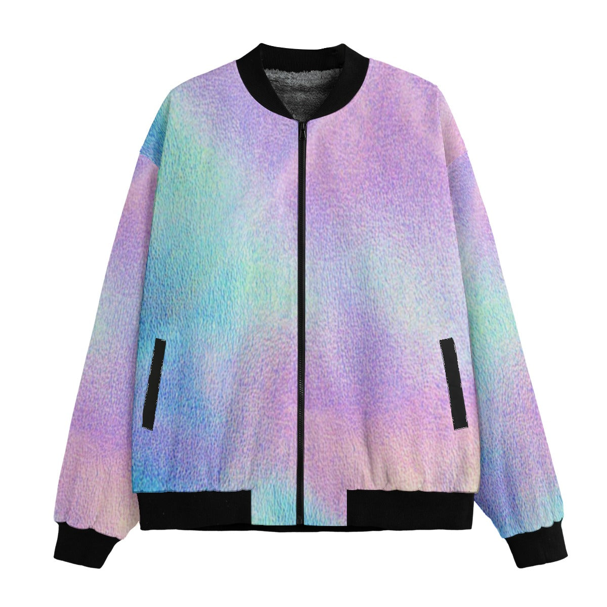 Neon Nights Holographic Pink and Blue Fleece Bomber Jacket – Futuristic Streetwear Style
