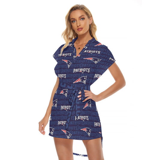 New England Football Game Day All-Over Print Women's Stand-up Collar Casual Dress With Belt
