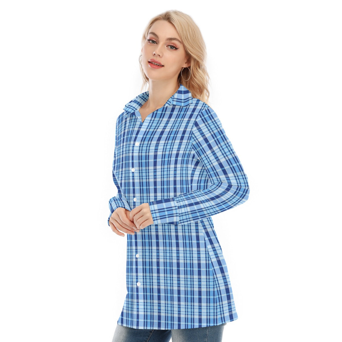 North Carolina Tartan Plaid Tar Heels Blue Women's Long Shirt |115GSM Cotton poplin