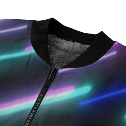 Neon Nights Flying Neon Lights Abstract Fleece Bomber Jacket – Festival Streetwear Glow