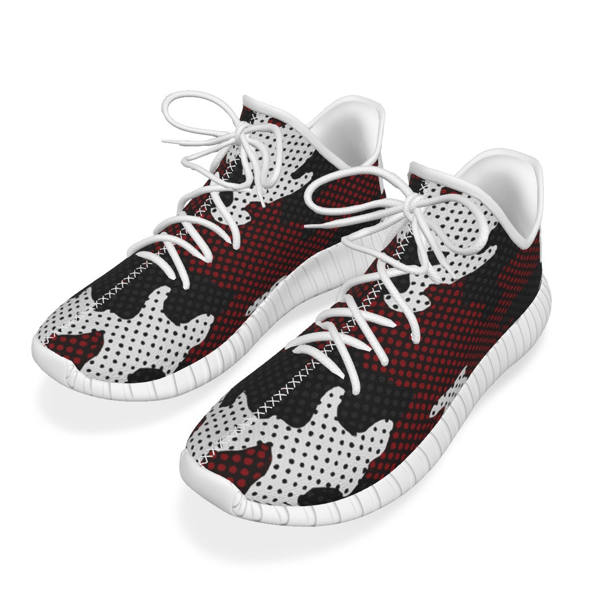 Sneakers with a black, red, and white pattern on a white background