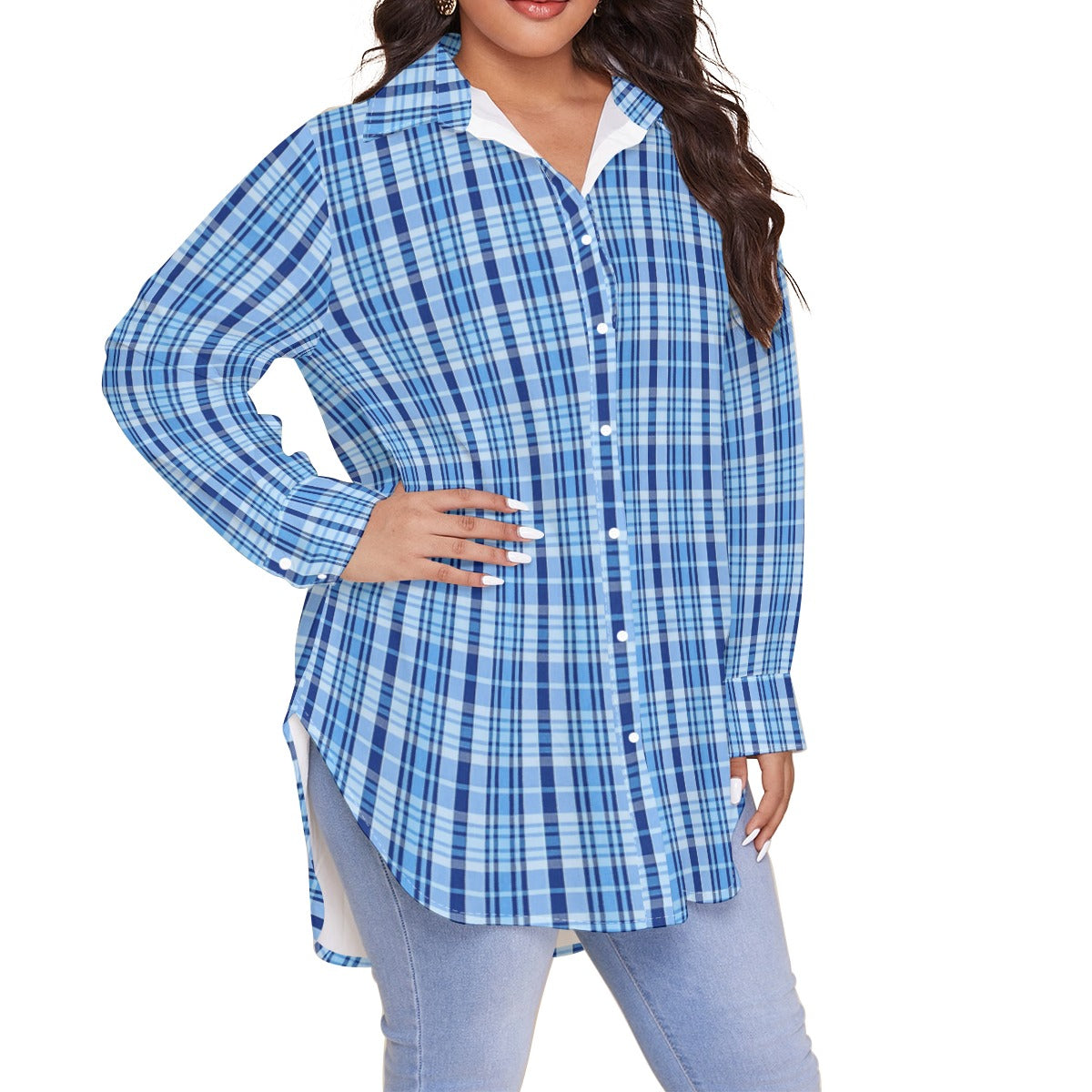 North Carolina Tartan Plaid Tar Heels Blue Women's Shirt With Long Sleeve(Plus Size)