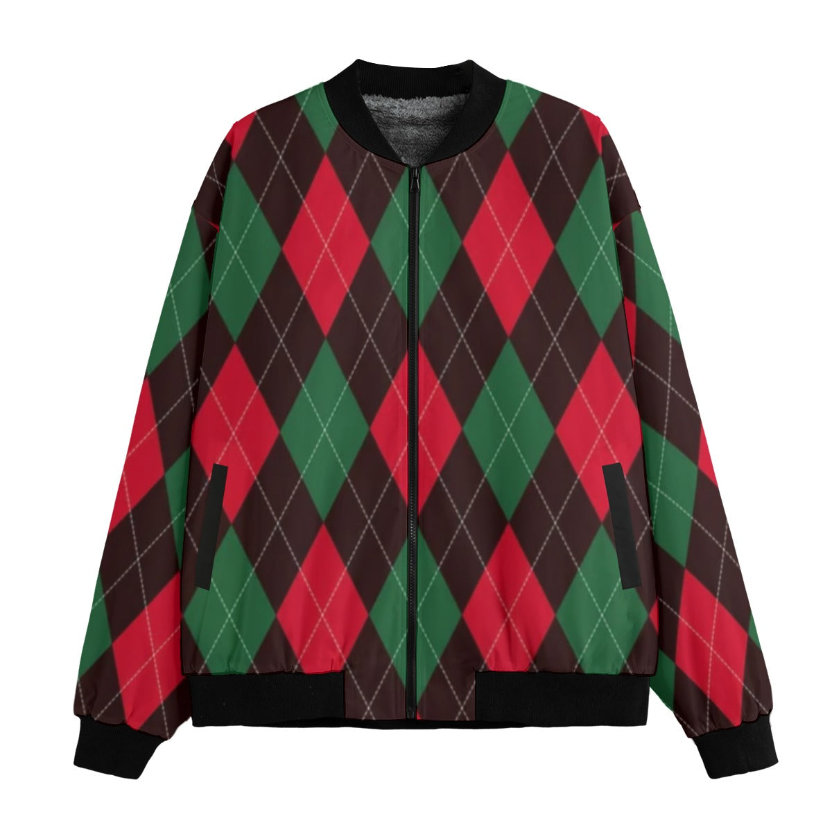 Urban Legend Christmas Argyle Pattern Seamless Fleece Bomber Jacket