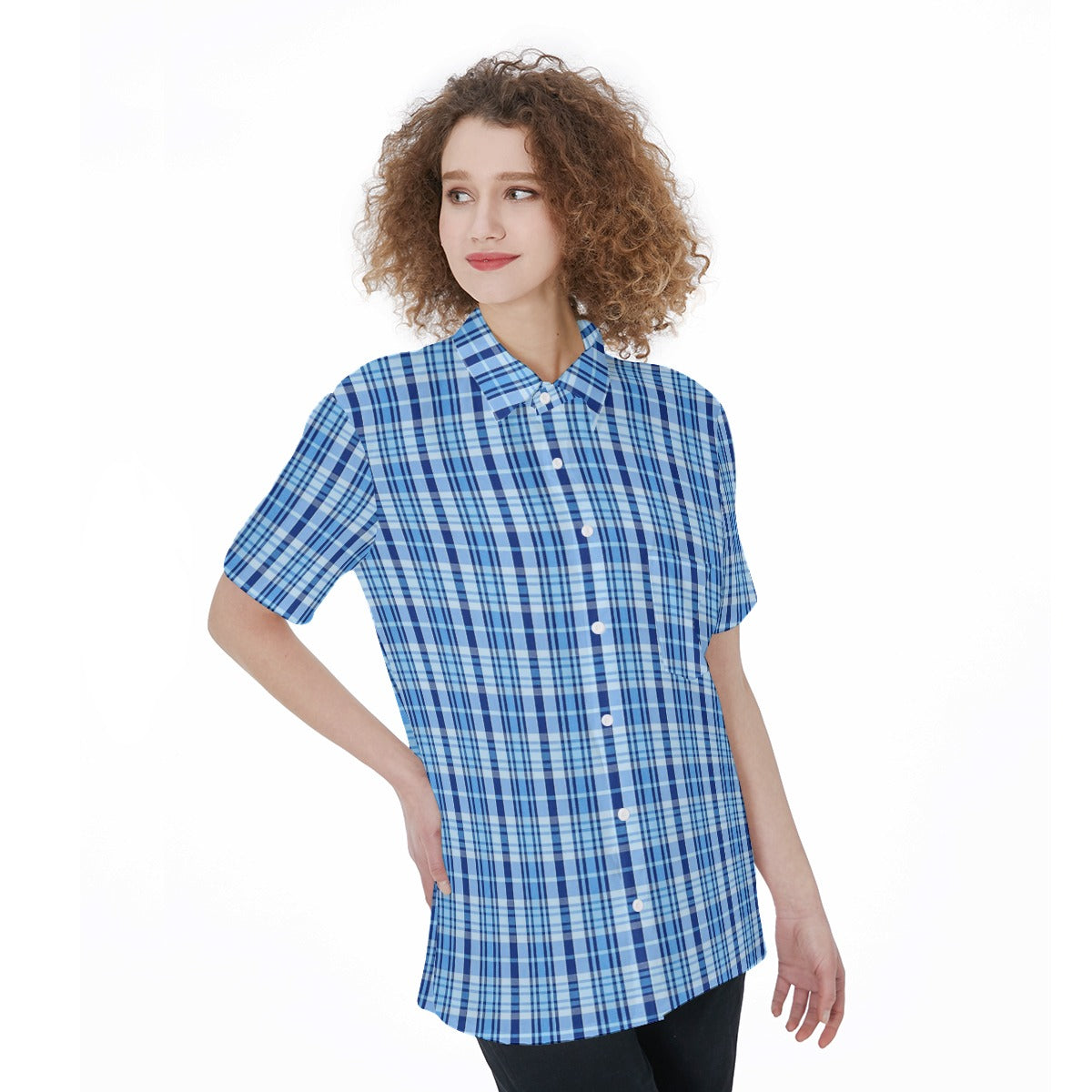 North Carolina Tartan Plaid Tar Heels Blue Women's Short Sleeve Shirt With Pocket