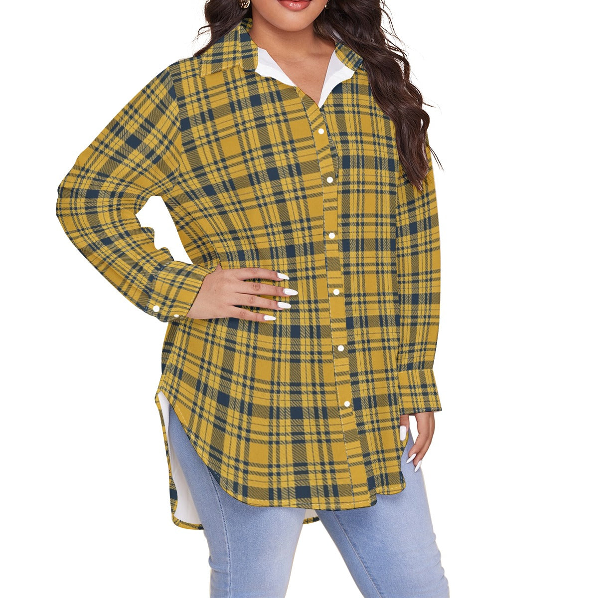 Georgia Yellow Jackets Tartan Plaid Women's Shirt With Long Sleeve(Plus Size)