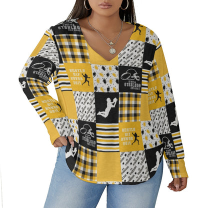 All-Over Print Women's V-neck T-shirt With Curved Hem(Plus Size)