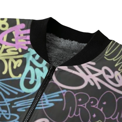 Wildstyle Graffiti Wall Tags Seamless Fleece Bomber Jacket