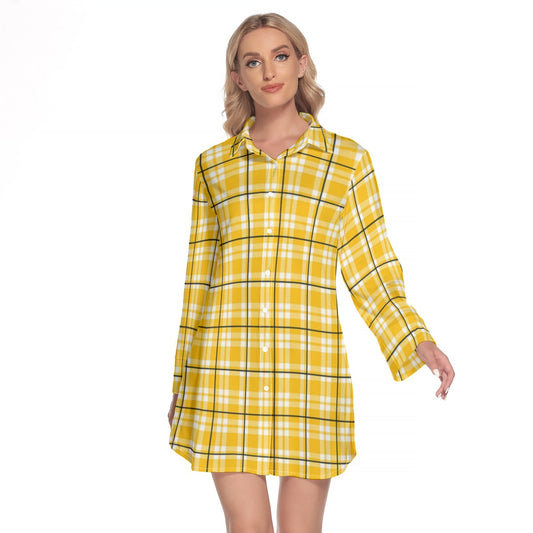 All-Over Print Women's Lapel Shirt Dress With Long Sleeve