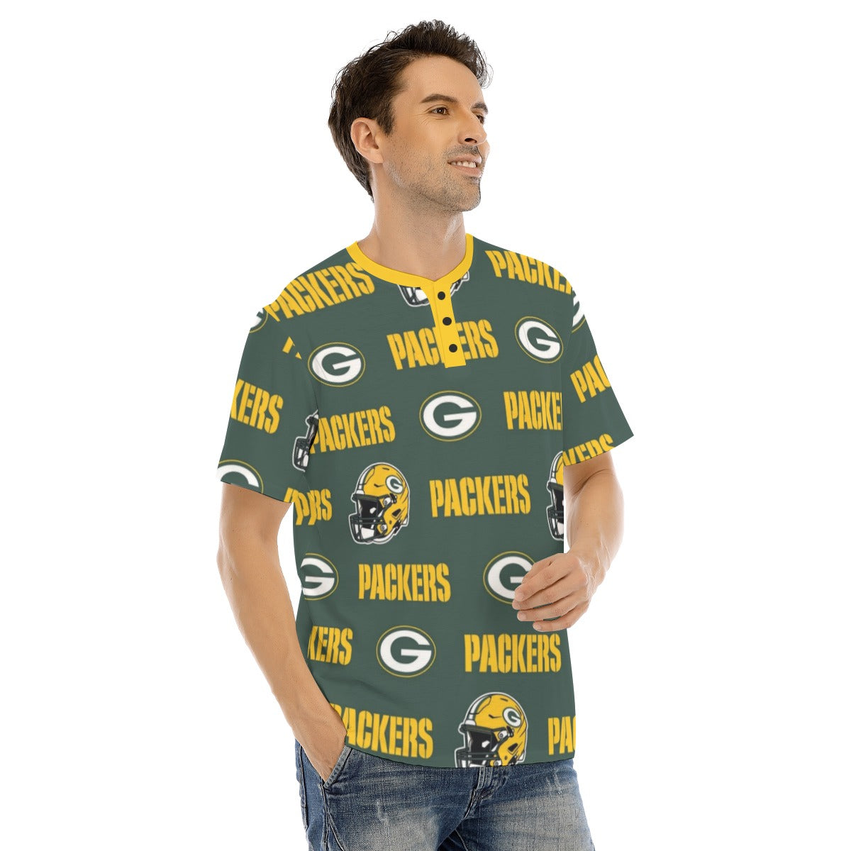 Green Bay Football Game Day All-Over Print Men's Short Sleeve T-shirt With Button Closure