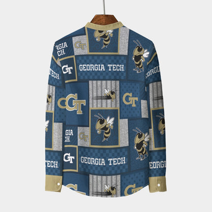 Georgia - Yellow Jackets Stand Collar Shirt With Long Sleeve|110GSM Imitation Flax