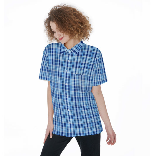 North Carolina Tartan Plaid Tar Heels Blue Women's Short Sleeve Shirt With Pocket