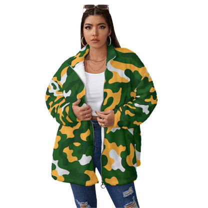 Green Bay Football Game Day All-Over Print Unisex Borg Fleece Stand-up Collar Coat With Zipper Closure(Plus Size)