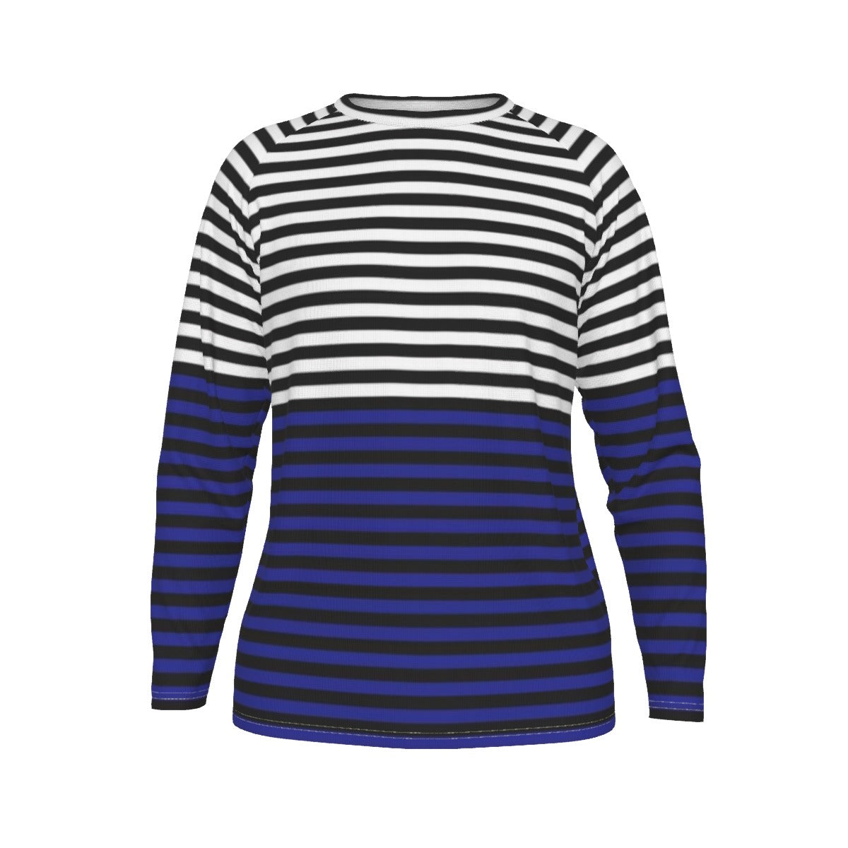 Long-sleeve shirt with black and blue horizontal stripes on a white background