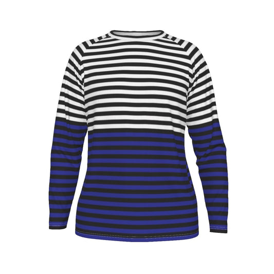 Long-sleeve shirt with black and blue horizontal stripes on a white background