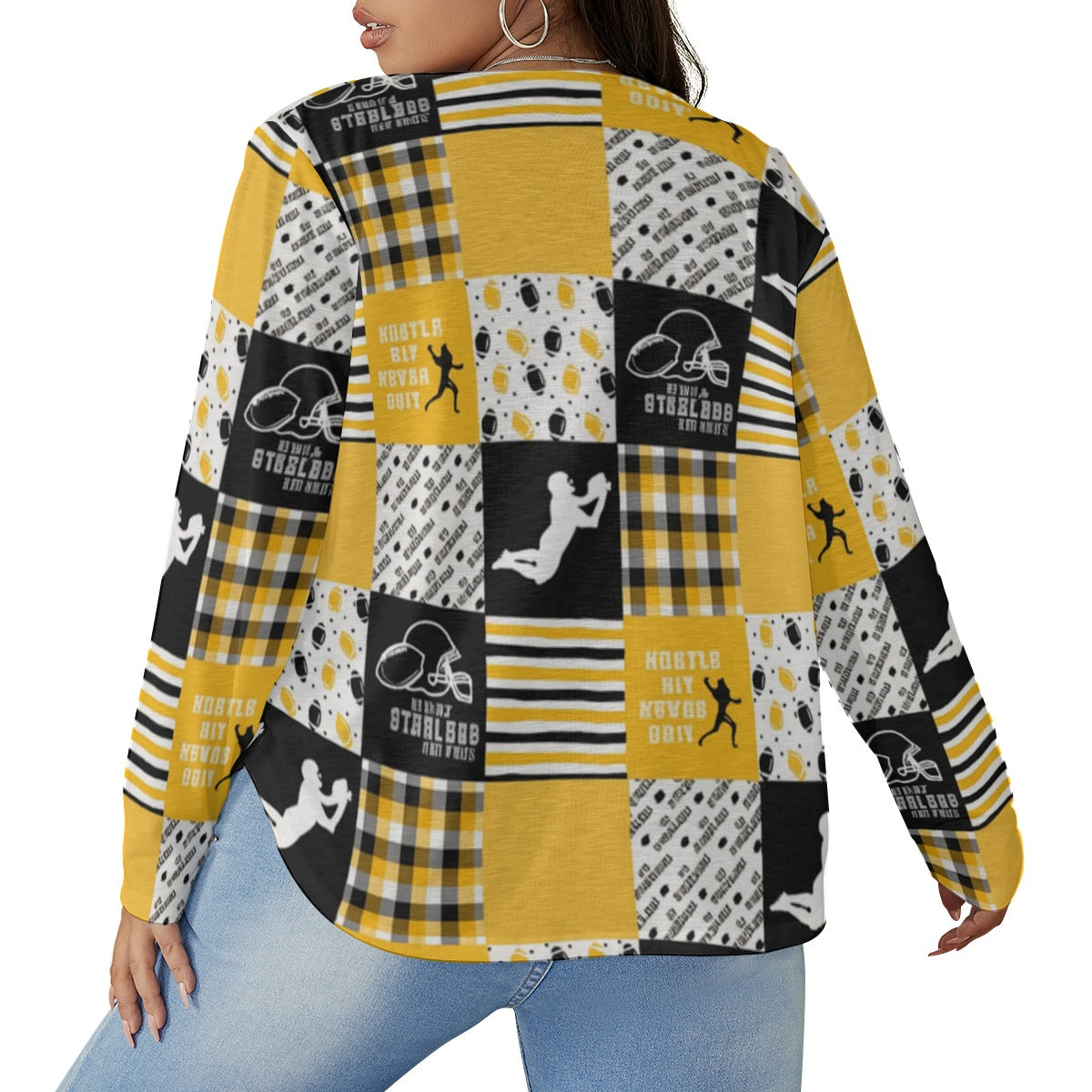 All-Over Print Women's V-neck T-shirt With Curved Hem(Plus Size)
