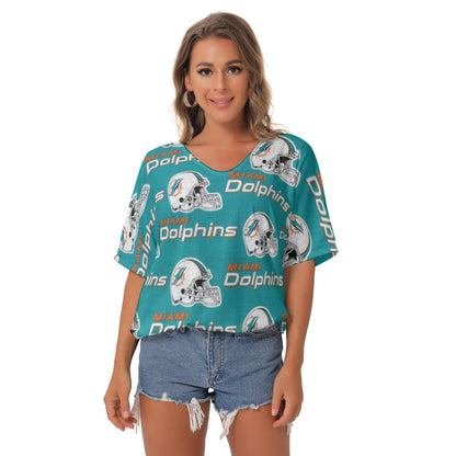 Miami Football Game Day All-Over Print Women's Bat Sleeves V-Neck Blouse