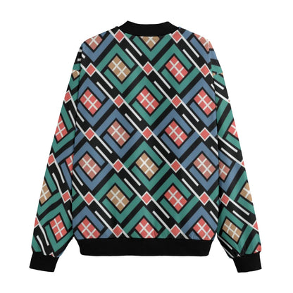 BoomBox Vibes Japanese Diamond Lines Fleece Bomber Jacket – Ethnic Streetwear Style