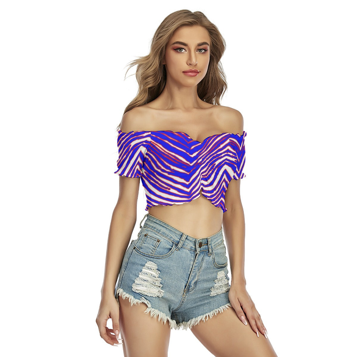 Buffalo Bills Zubaz Women's One-shoulder Off-the-navel Short Sleeve T-shirt