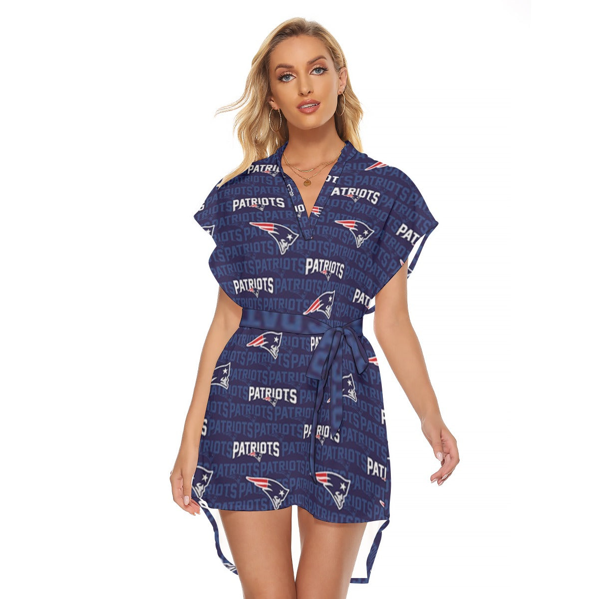 New England Football Game Day All-Over Print Women's Stand-up Collar Casual Dress With Belt