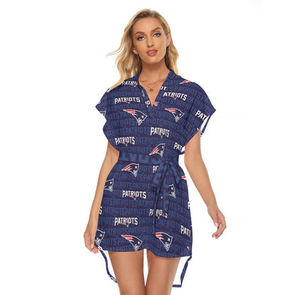 New England Football Game Day All-Over Print Women's Stand-up Collar Casual Dress With Belt