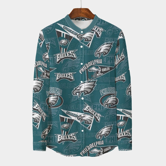 Philadelphia Football Game Day All-Over Print Men's Stand Collar Shirt With Long Sleeve|110GSM Imitation Flax
