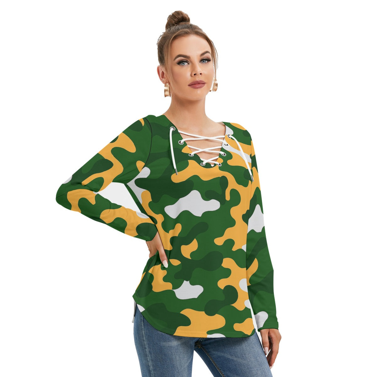 Green Bay Football Game Day All-Over Print Women's Long Sleeve Neckline Tie Sweatshirt