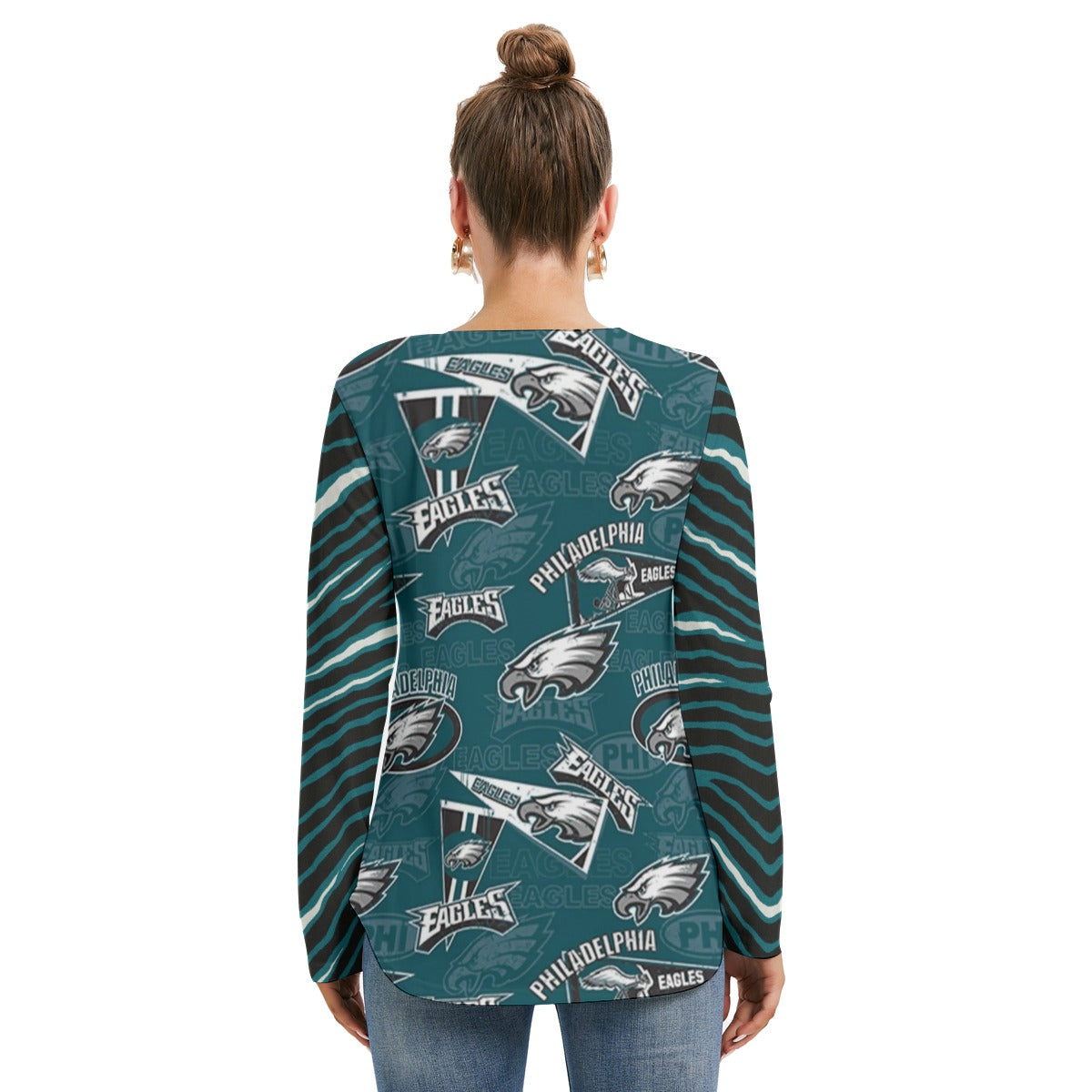 Philadelphia Football Game Day All-Over Print Women's Long Sleeve Neckline Tie Sweatshirt