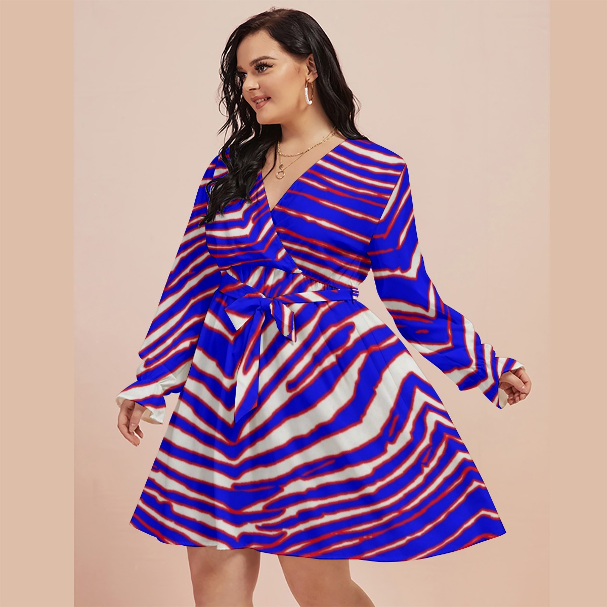 Buffalo Bills Zubaz Women's V-neck Dress With Waistband(Plus Size)