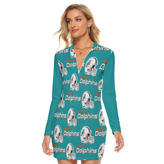 Miami Football Game Day All-Over Print Women's Zip Front Tight Dress