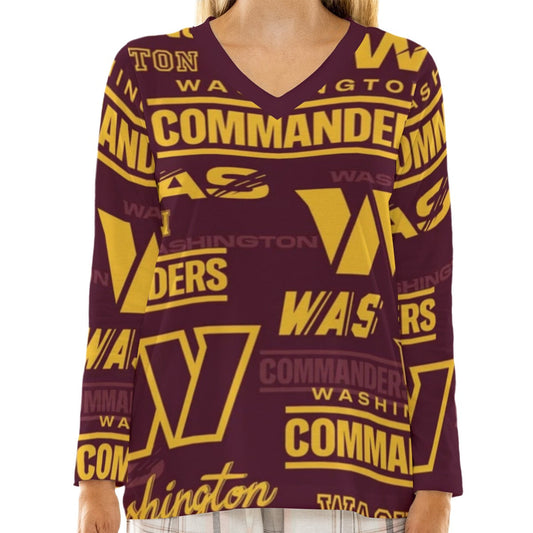 Washington Commanders Women's Loose V-Neck T-Shirt With Long Sleeve