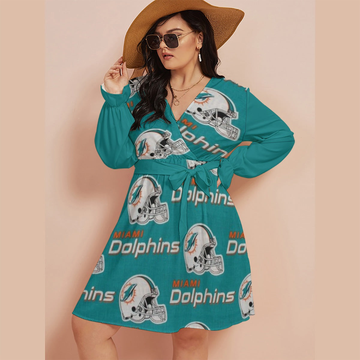 Miami Football Game Day All-Over Print Women's V-neck Dress With Waistband(Plus Size)