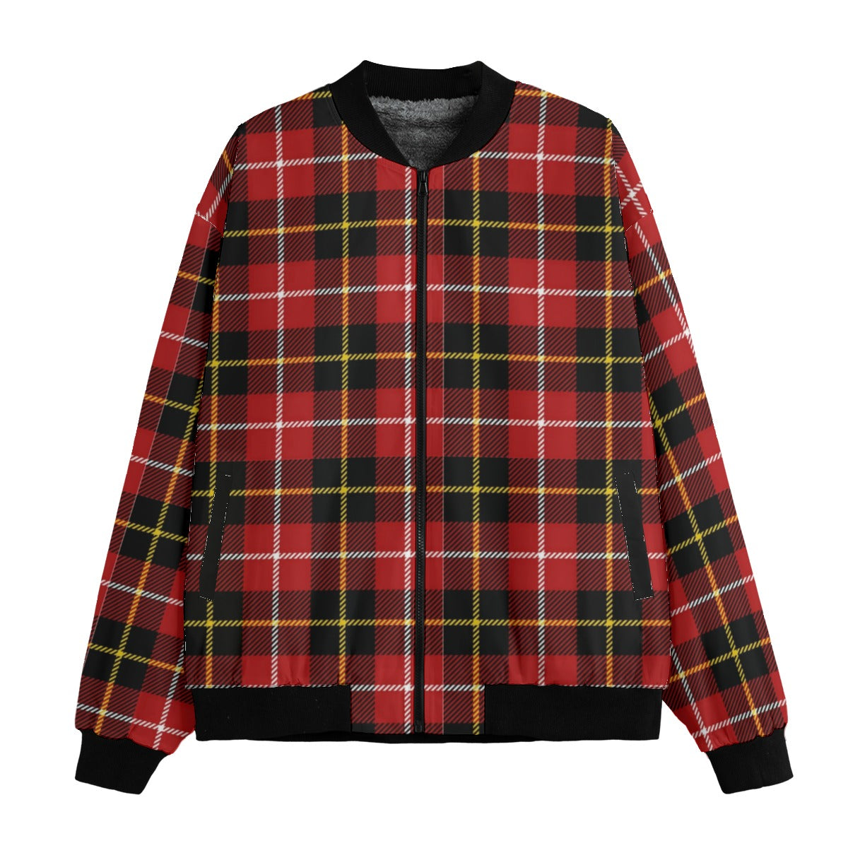 MacPherson – deep red with black and subtle yellow tartan Fleece Bomber Jacket