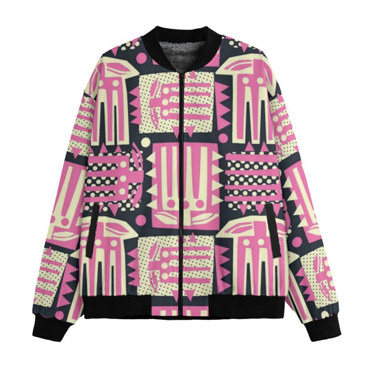 BoomBox Vibes Abstract Pink Flowers Seamless Fleece Bomber Jacket – Artistic Urban Streetwear