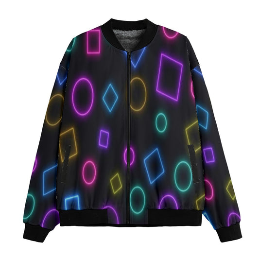 Neon Nights Abstract Retro Sci Neon Bright Fleece Bomber Jacket – Futuristic Urban Streetwear