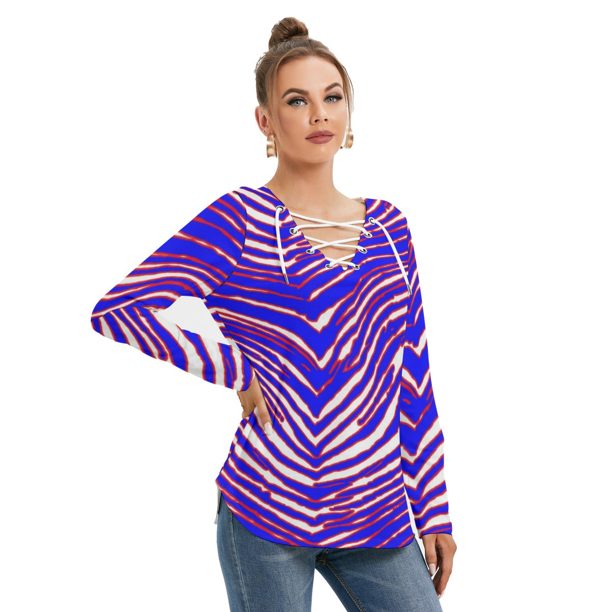 Buffalo Bills Zubaz Women's Long Sleeve Neckline Tie Sweatshirt