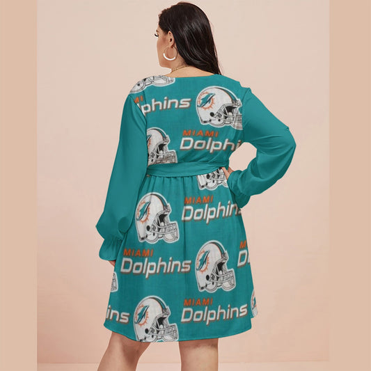 Miami Football Game Day All-Over Print Women's V-neck Dress With Waistband(Plus Size)