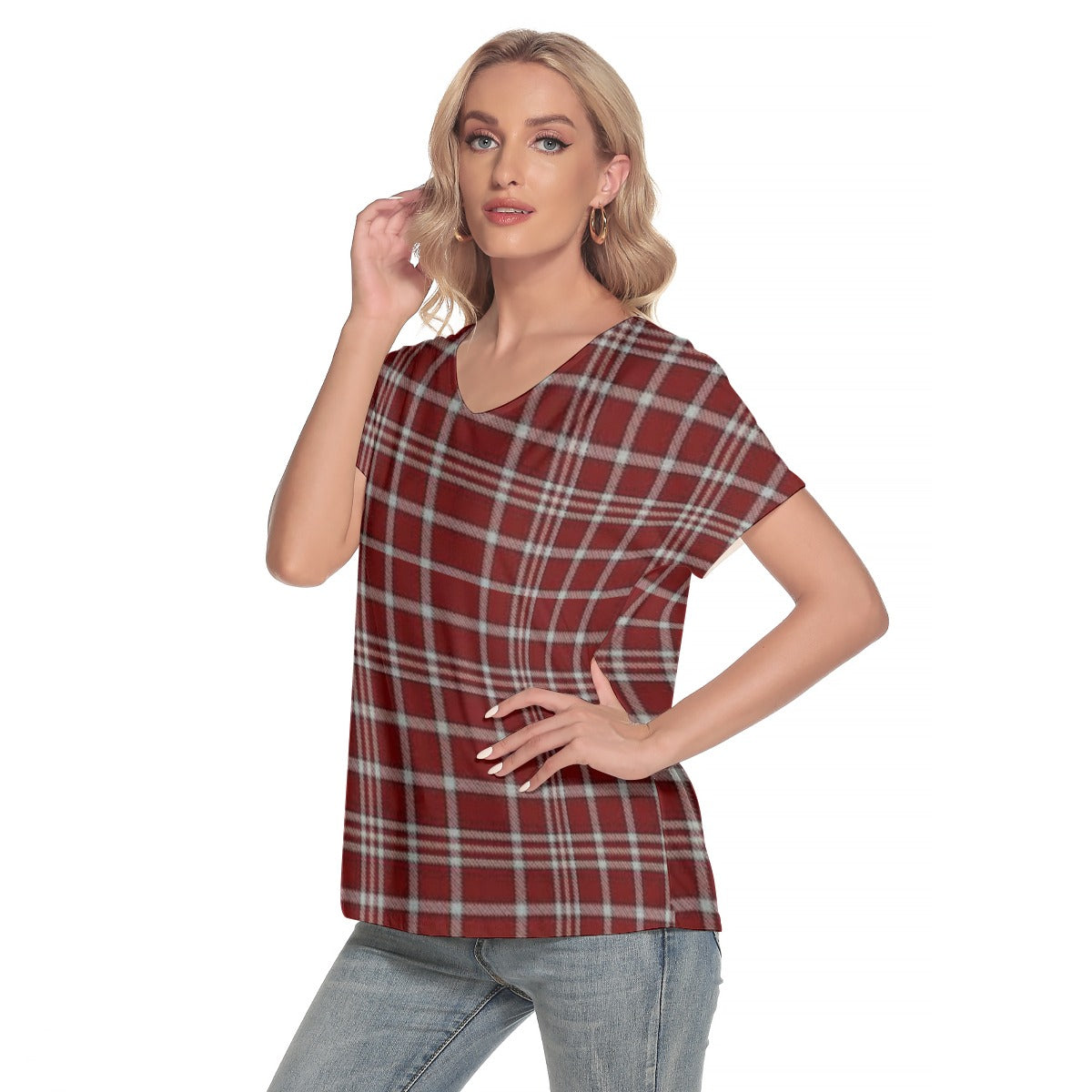 Alabama Tartan plaid Women's Loose V-neck Short Sleeve T-shirt