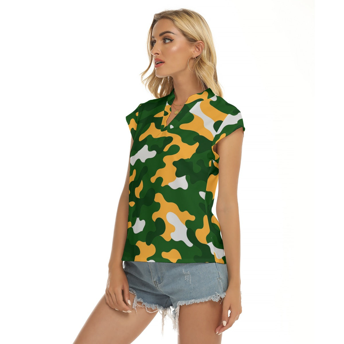 Green Bay Football Game Day All-Over Print Women's Stacked V-neck Short Sleeve Blouse