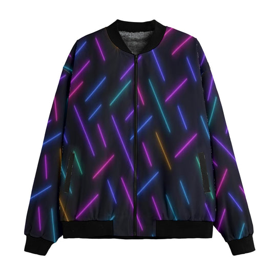 Neon Nights Abstract Retro Sci Bright Neon Fleece Bomber Jacket – Futuristic Streetwear Glow
