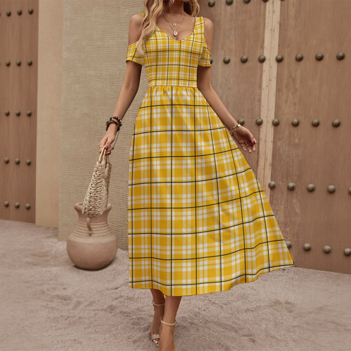 All-Over Print Women's V-neck Off-shoulder Dress