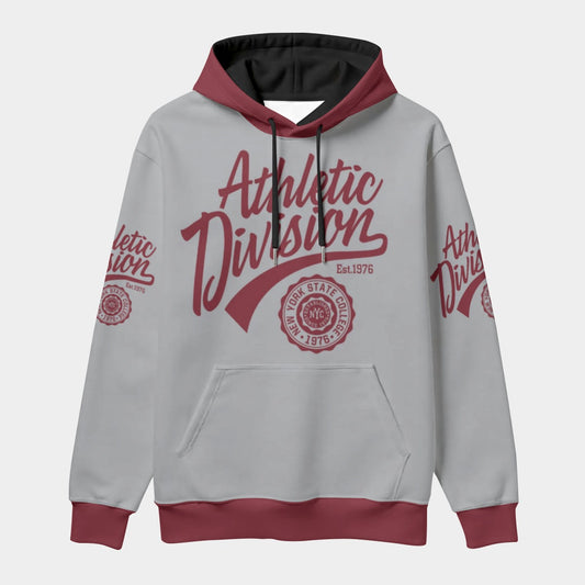 Gray hoodie with red text and design on a white background