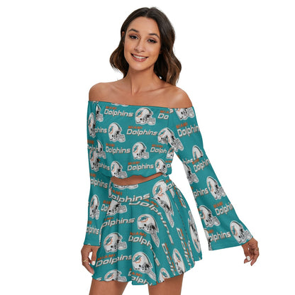 Miami Football Game Day All-Over Print Women's Off-shoulder Top And Skirt Set