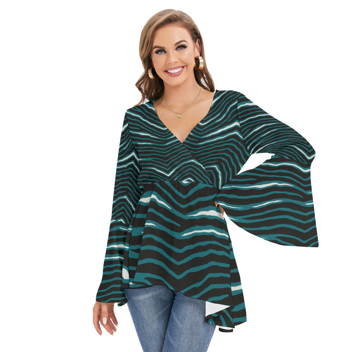 Philadelphia Football Game Day All-Over Print Women's V-neck Blouse With Flared Sleeves