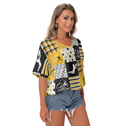 All-Over Print Women's Bat Sleeves V-Neck Blouse