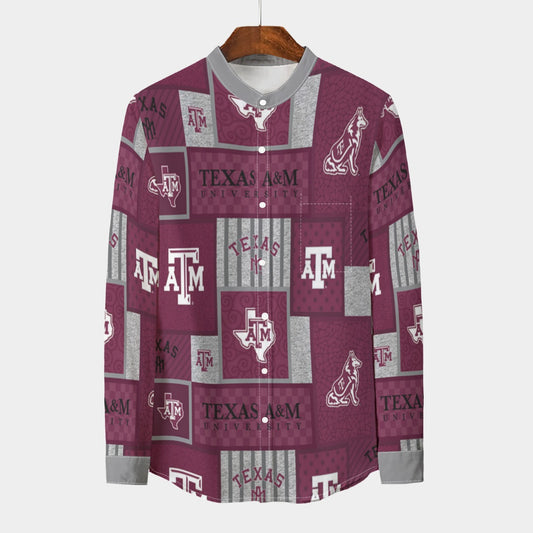Texas A&M Aggies Stand Collar Shirt With Long Sleeve|110GSM Imitation Flax