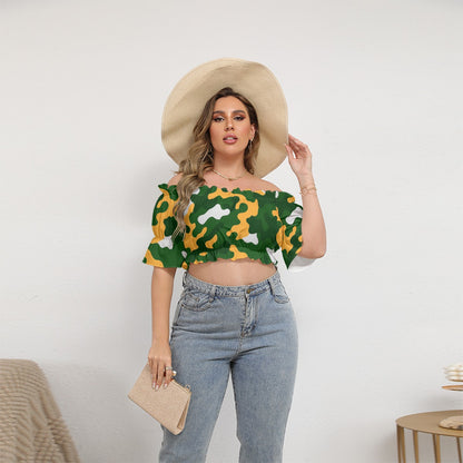 Green Bay Football Game Day All-Over Print Women's Off-shoulder Cropped Top With Short Puff Sleeve