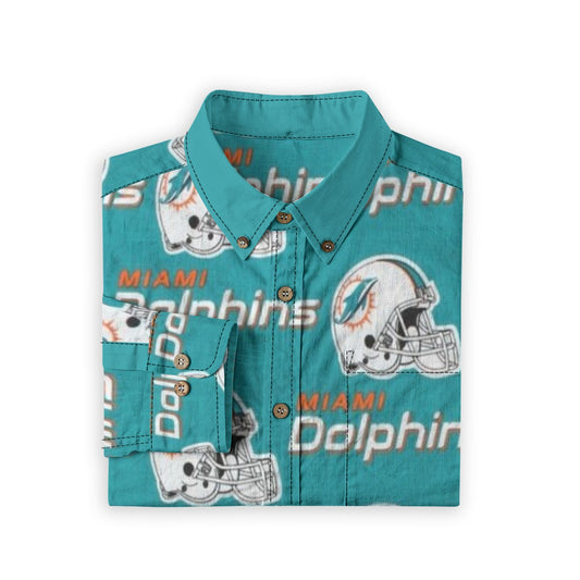 Miami Football Game Day All-Over Print Men's Casual Lapel Long Sleeve Shirt|125GSM Cotton