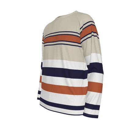 Beige, Navy and Rust Striped Long Sleeve Shirt – Retro Casual Chic