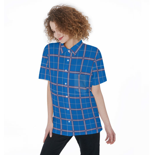 Kansas Tartan Plaid Jayhawks  Women's Short Sleeve Shirt With Pocket