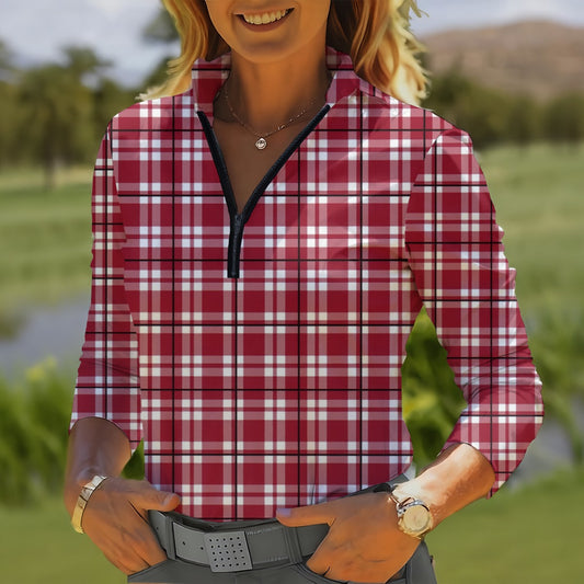 Alabama Tartan plaid Women's Quarter Zip Sport Shirt With  Long Sleeve